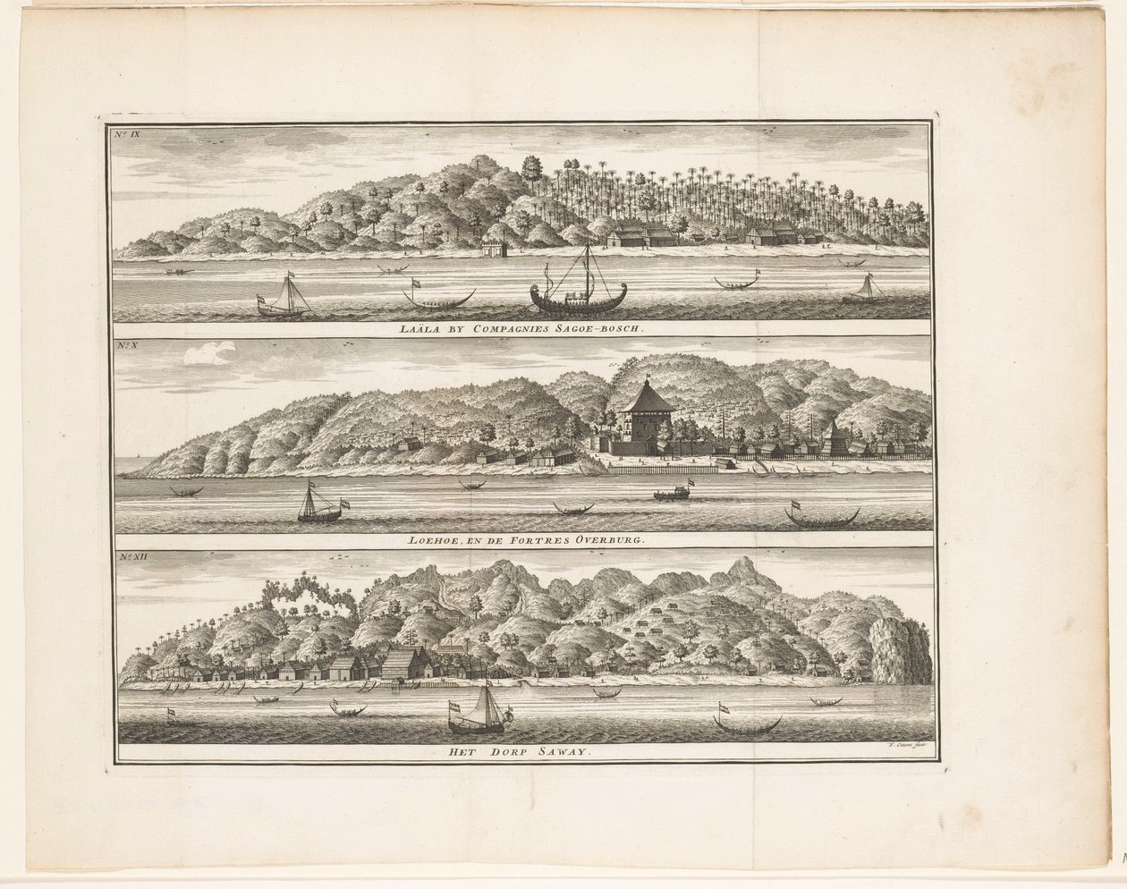 Flere VOC-forsterkninger på Ceram Laäla av Compagnies Sagoe-bosch / Loehoe, and the Fortres Overburg / Landsbyen Saway (tittel på objekt) av Frederik Ottens