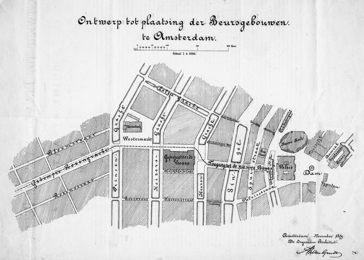 Design for en varebørs, Amsterdam, situasjon. november 1879 av Frederik Willem van Gendt