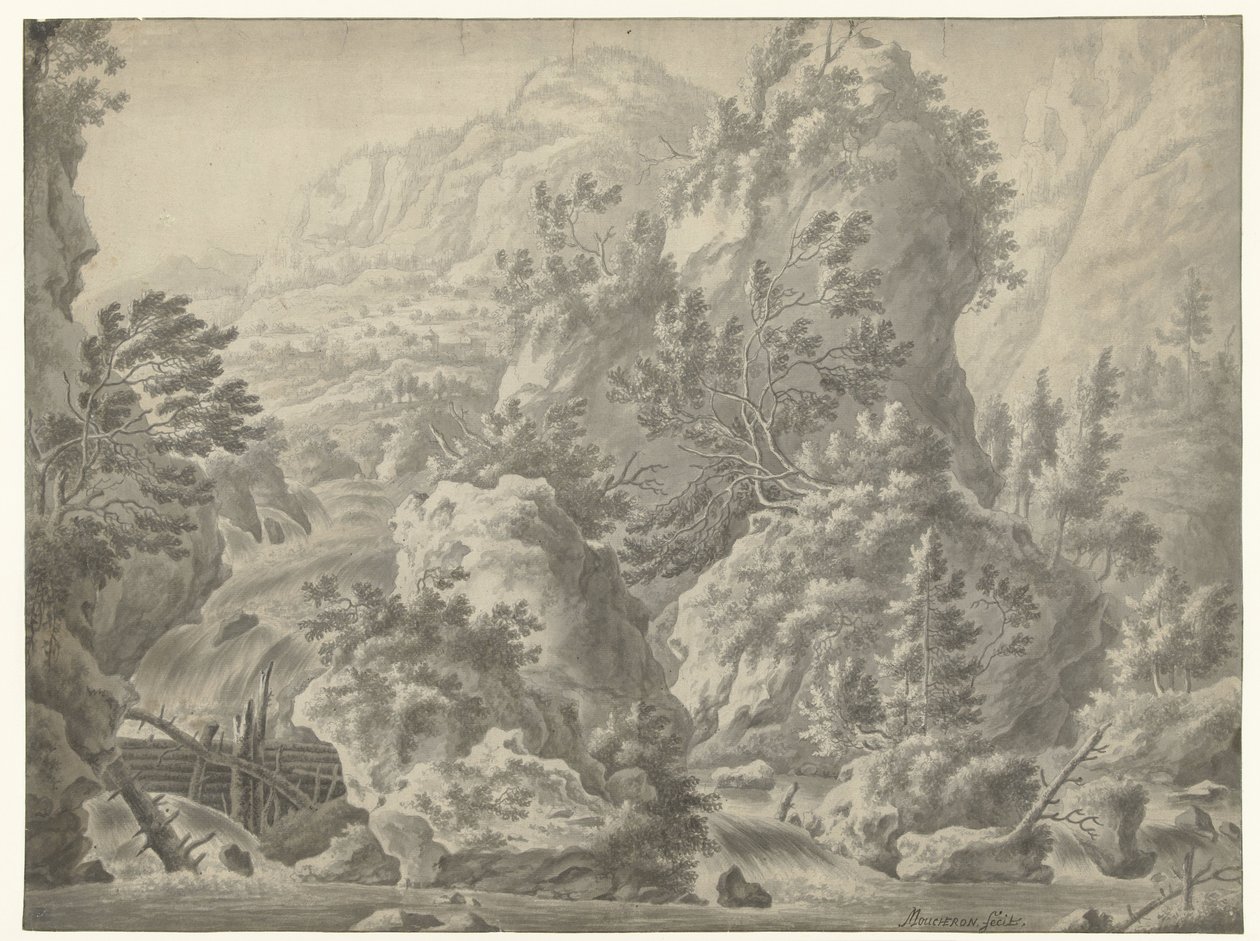 Fjelllandskap med foss av Frederik de Moucheron