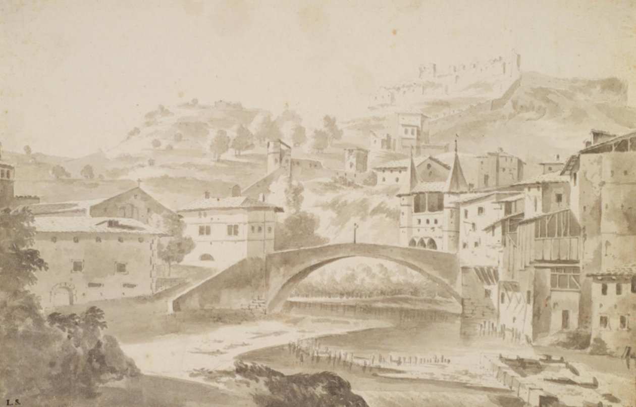 Wien, nær Lyon. Pont Saint-Martin over floden Gére. TV. Priory of Saint-Martin, t.h. Porte de la Rochette og slottet Pipet av Frederik de Moucheron