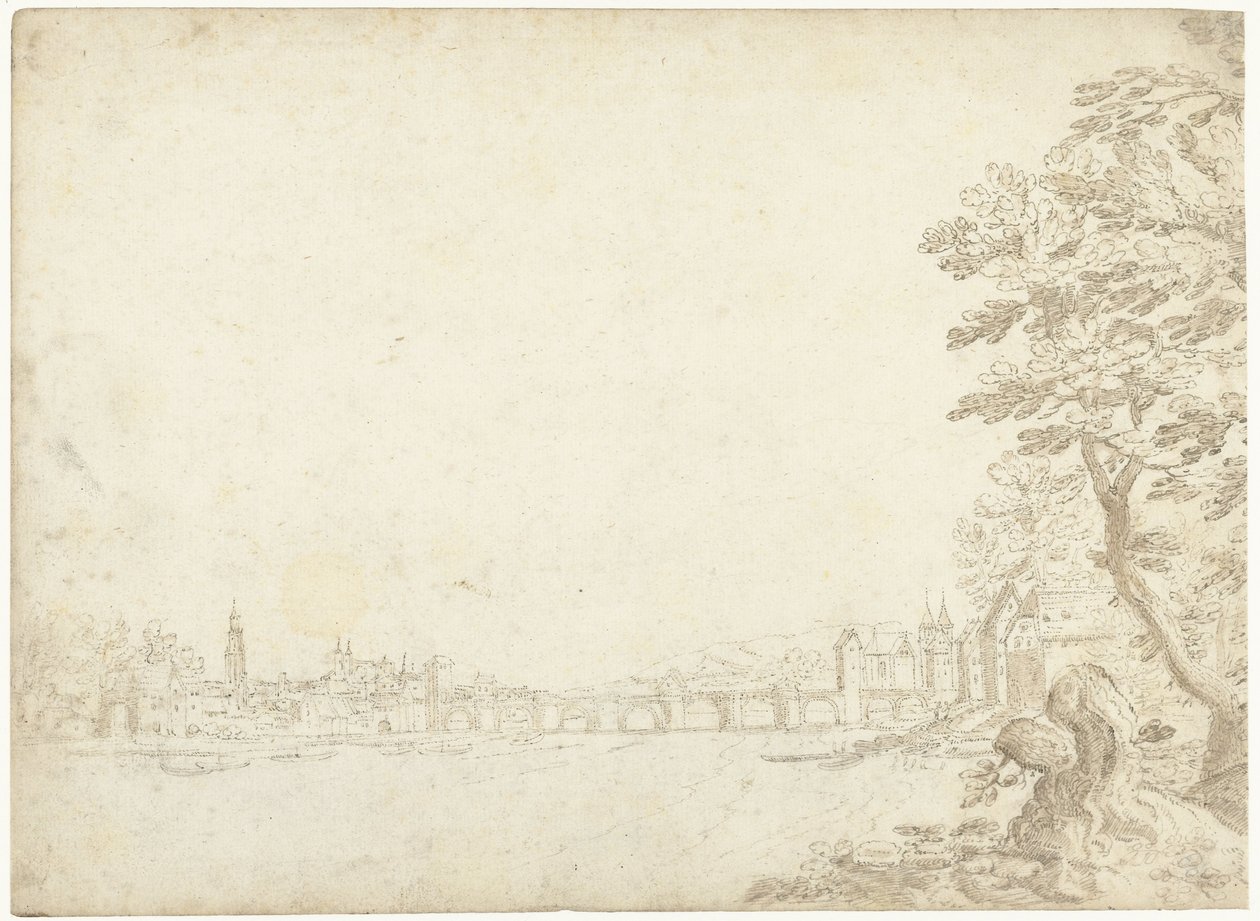 Utsikt over en by ved en elv (Donau?) av Frederik van Valckenborch