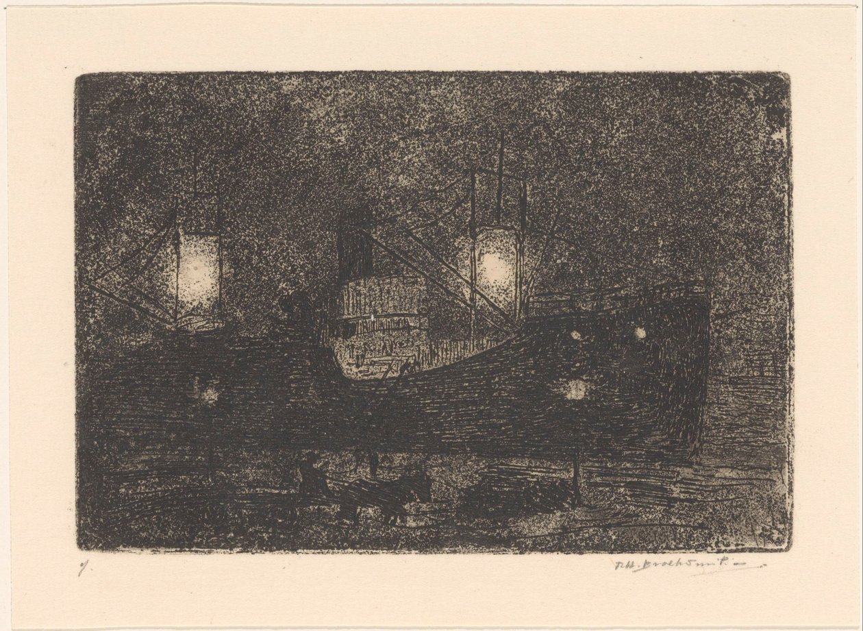 Båt på kai om natten av Frederika Henriëtte Broeksmit (signed by artist)