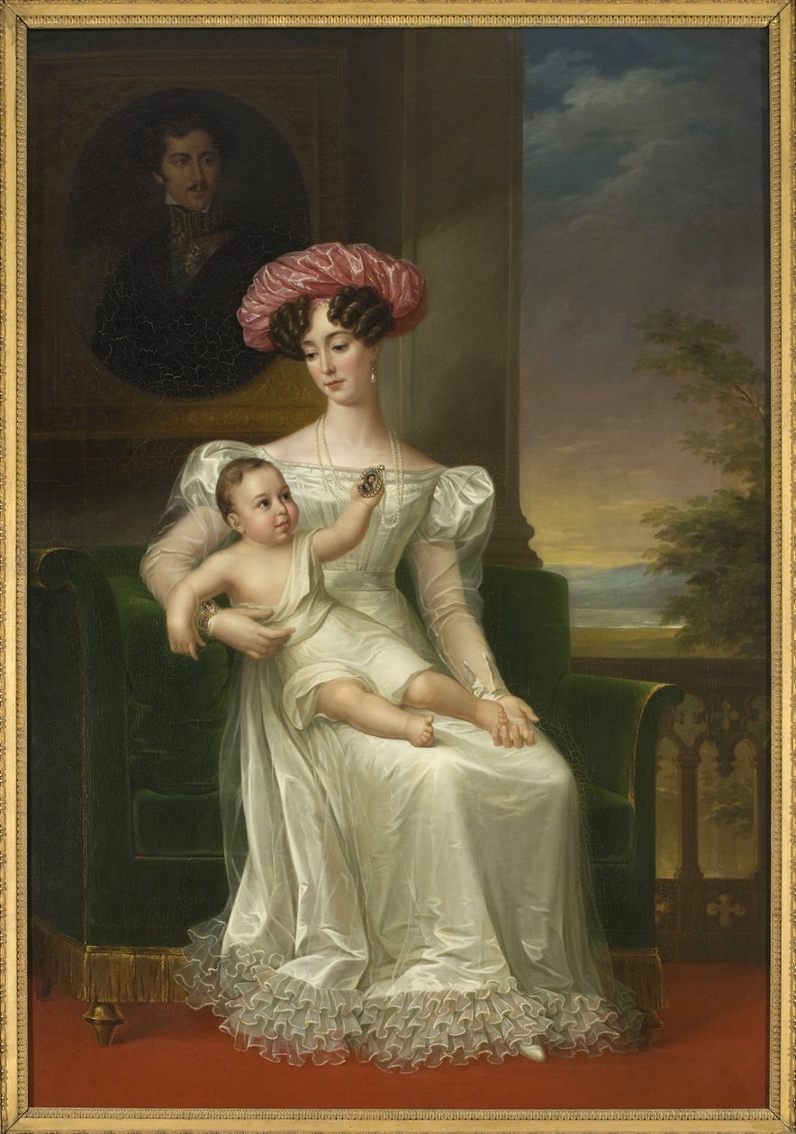 Josephine av Leuchtenberg, dronning av Sverige og Norge (med sønnen Karl XV i armene, sittende foran et portrett av kong Oscar I) - Portrett av Josephine av Leuchtenberg (1807-1876), dronning av Sverige og Norge, av Westin , Fredric (1782-1862). Olje på c av Fredric Westin