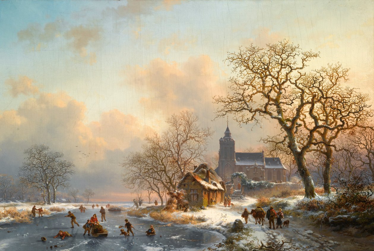 Et vinterlandskap med skatere på en frossen elv av Fredrik Marinus Kruseman