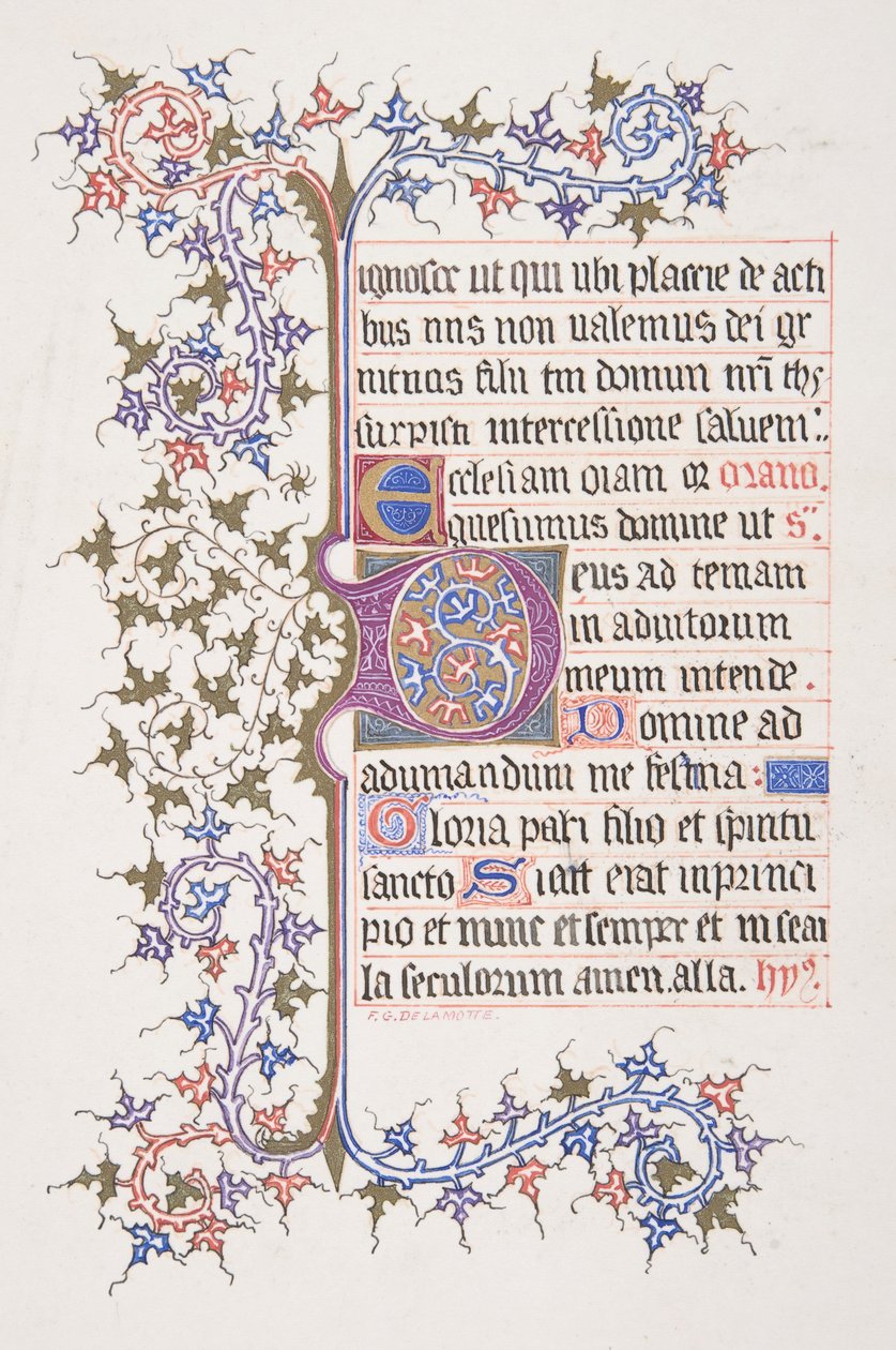 Opplyst blad med innledende E recto, Vine Border verso, 1830-62. av Freeman Gage Delamotte
