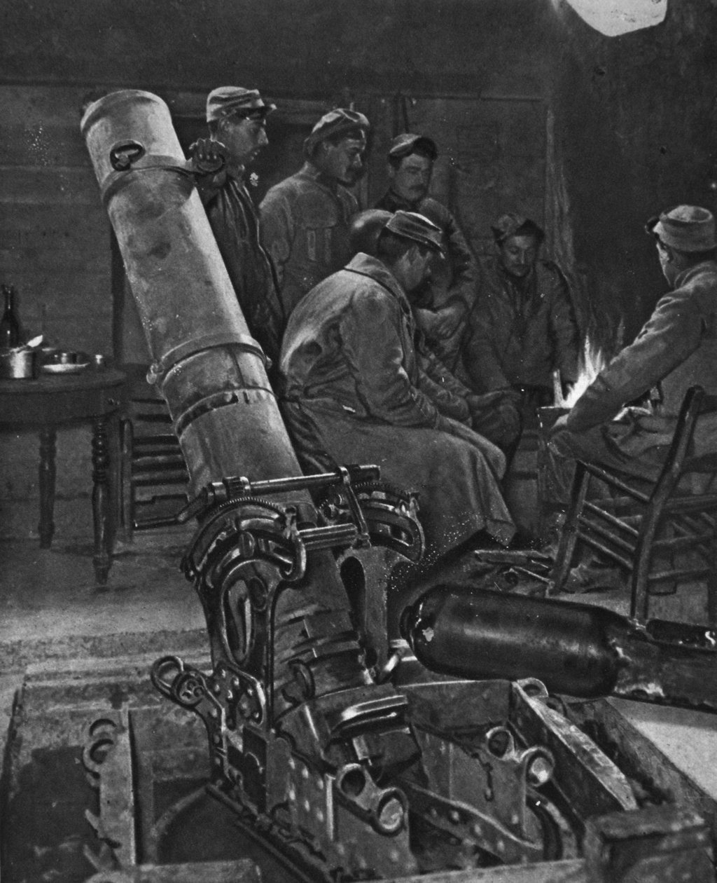En fransk skyttergravmørtel i sin vinterhi, illustrasjon fra The Illustrated War News, 7. mars 1917 av French Photographer