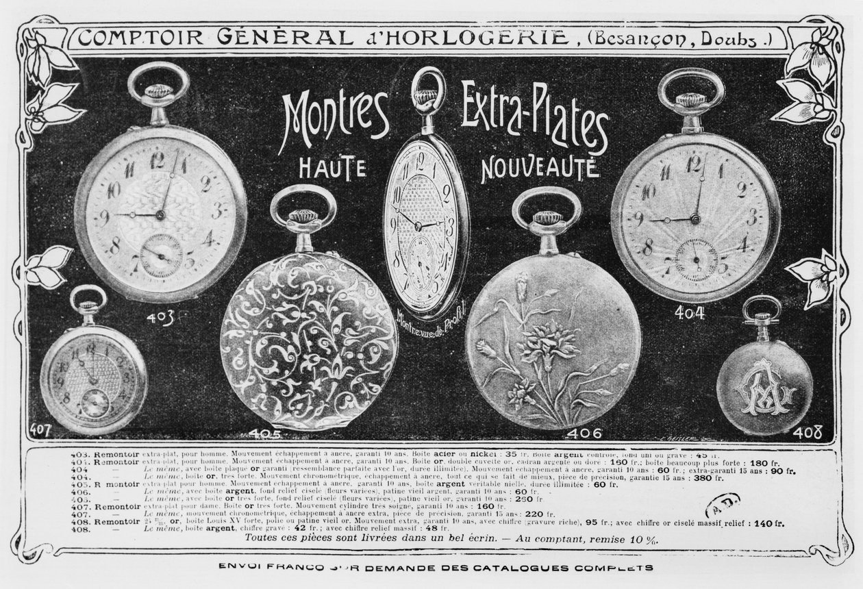 Reklame for fob-klokker, Comptoir General dhorlogerie, ca. 1900 av French Photographer