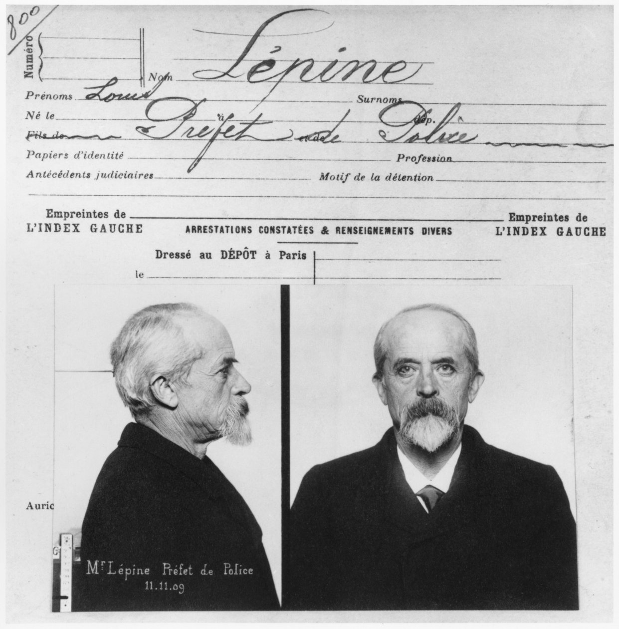 Antropometrisk politijournal over Louis Jean-Baptiste Lepine, Prefet de police, 11. november 1909 av French Photographer