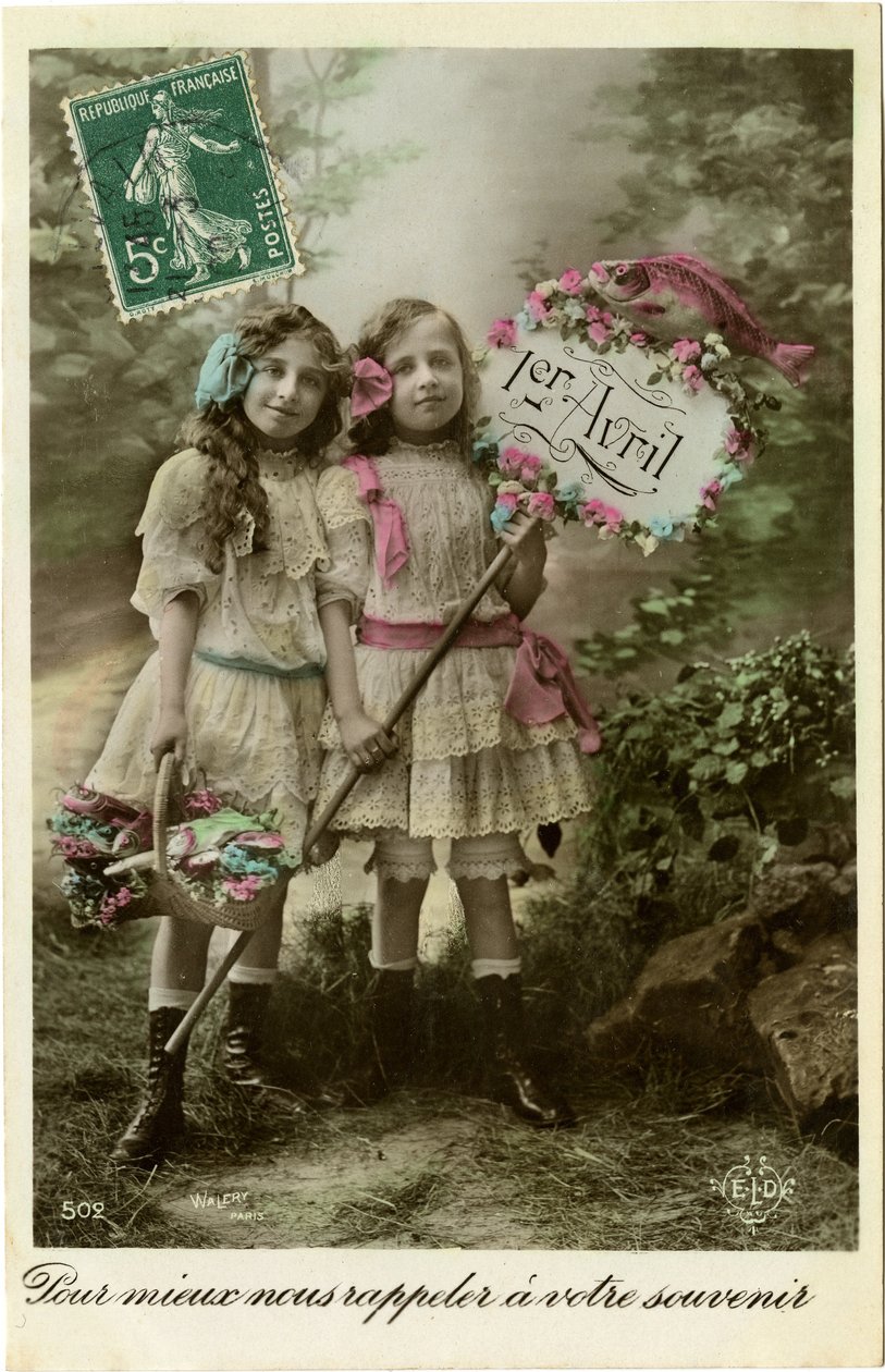 Hilsen, aprilsnarr, 1906 (farget bilde) av French Photographer