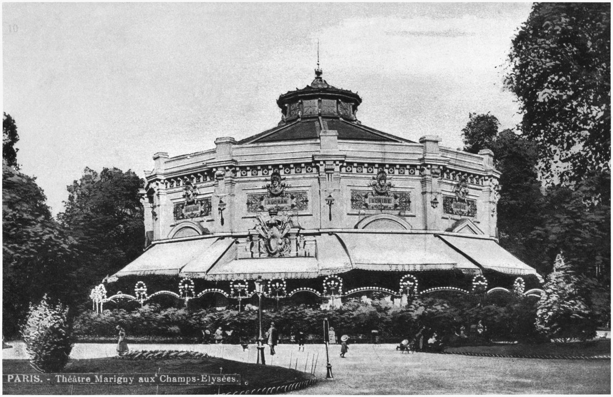 Postkort som viser Marigny Theatre, Champs-Elysees, Paris, før 1914 av French Photographer