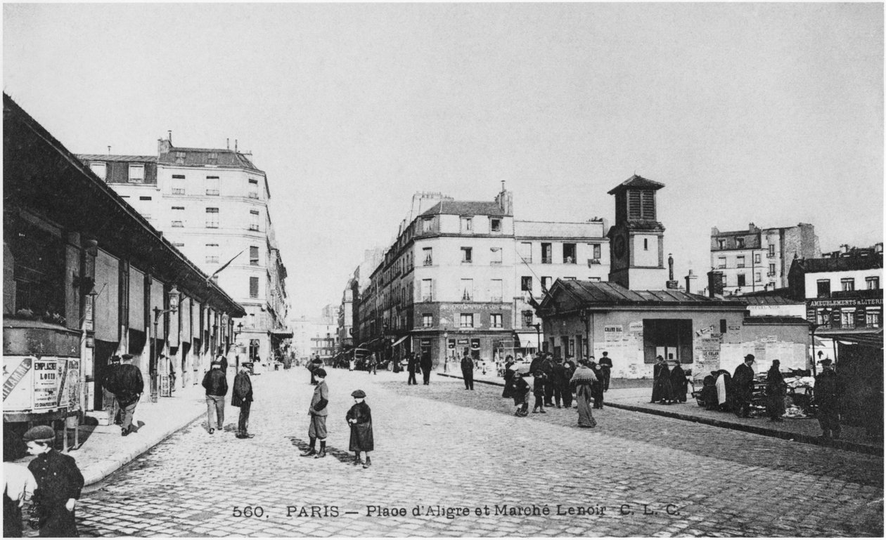 Postkort som viser Place dAligre og Marche Lenoir, Paris, ca. 1900 av French Photographer