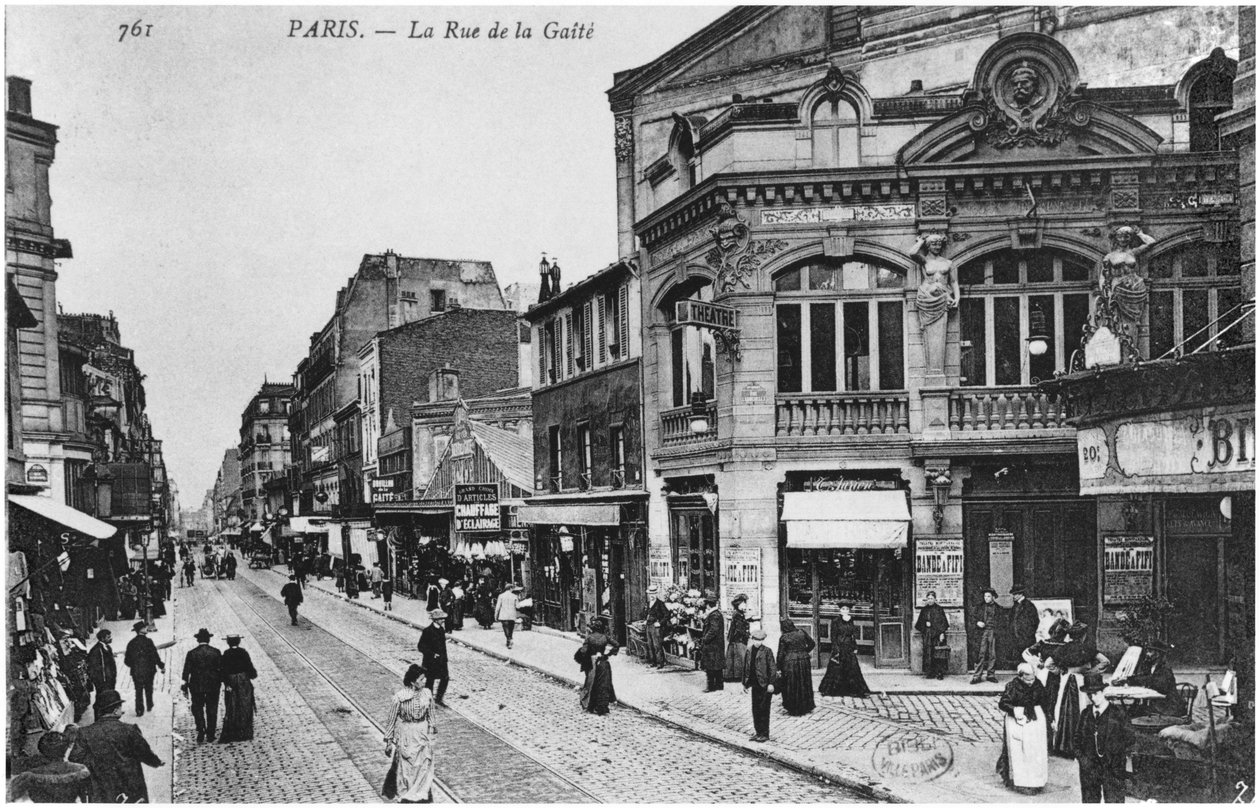 Postkort som viser Rue de la Gaite, Paris, før 1914 av French Photographer