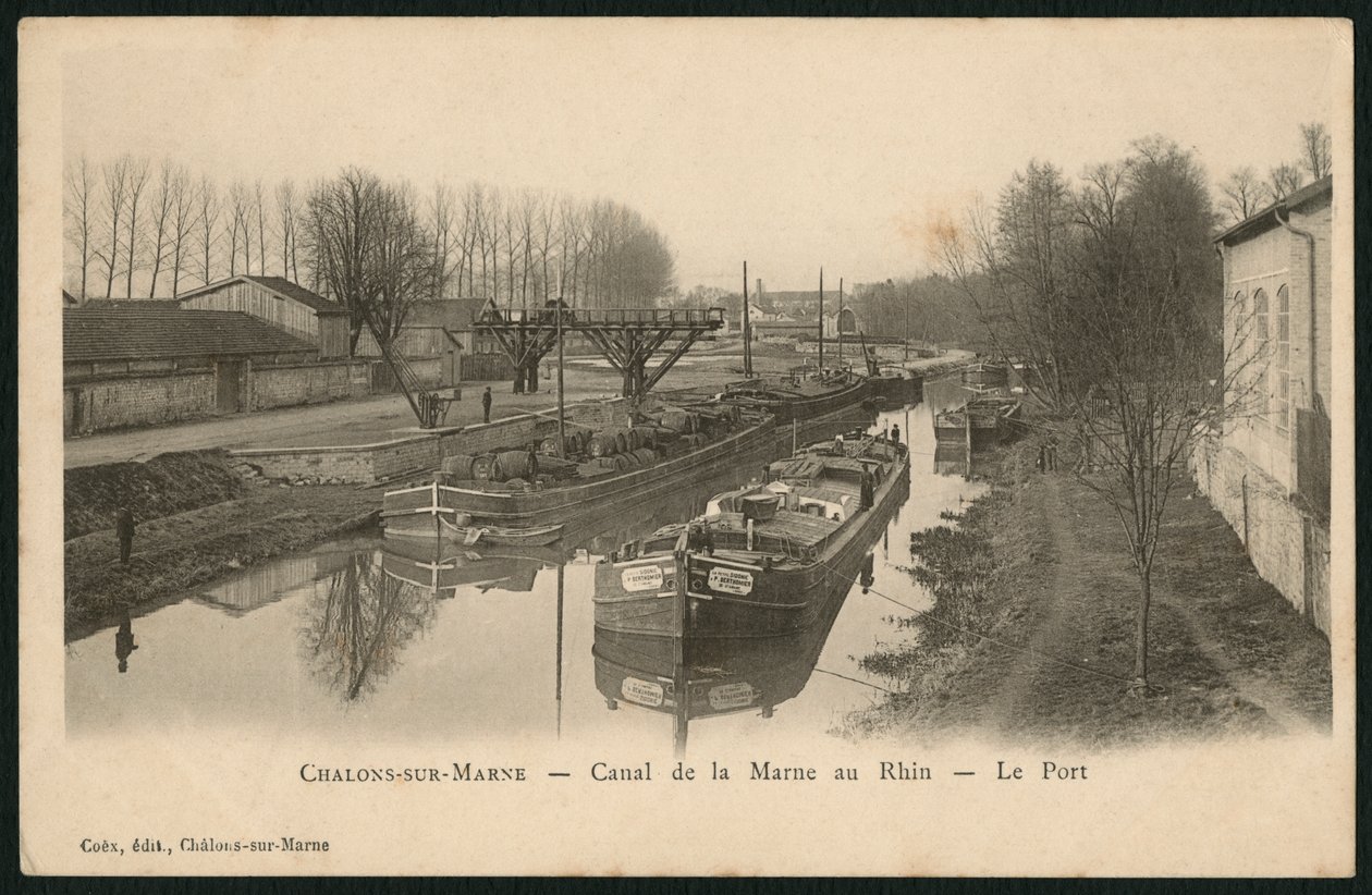 Postkort som viser Marne-Rhin-kanalen ved Chalons-sur-Saone, ca. 1900 (photolitho) av French Photographer
