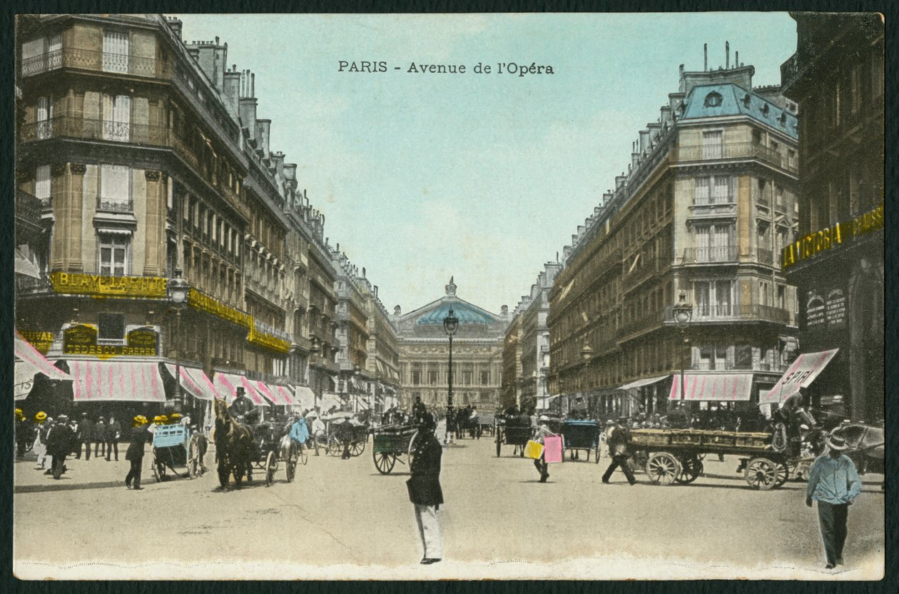 Postkort som viser Opera Avenue i Paris, ca. 1900 (farget bw-foto) av French Photographer