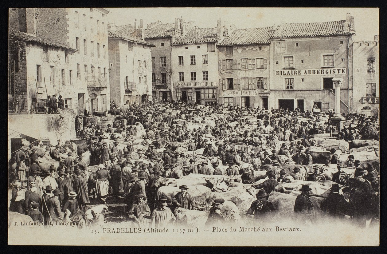 Postkort som viser storfemarkedsplassen i Pradelles, ca. 1900 av French Photographer
