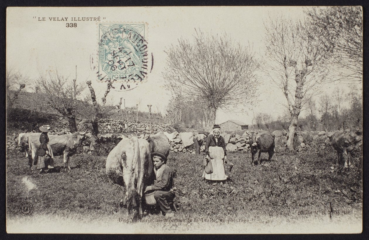 Postkort som viser melketiden i Velay, ca. 1900 av French Photographer