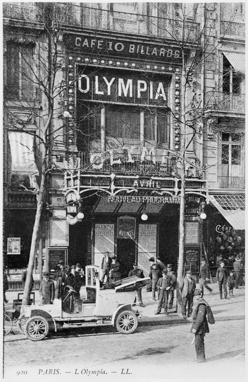 Postkort som viser musikkhallen Olympia, 28 Boulevard des Capucines, Paris, tidlig på 1900-tallet av French Photographer