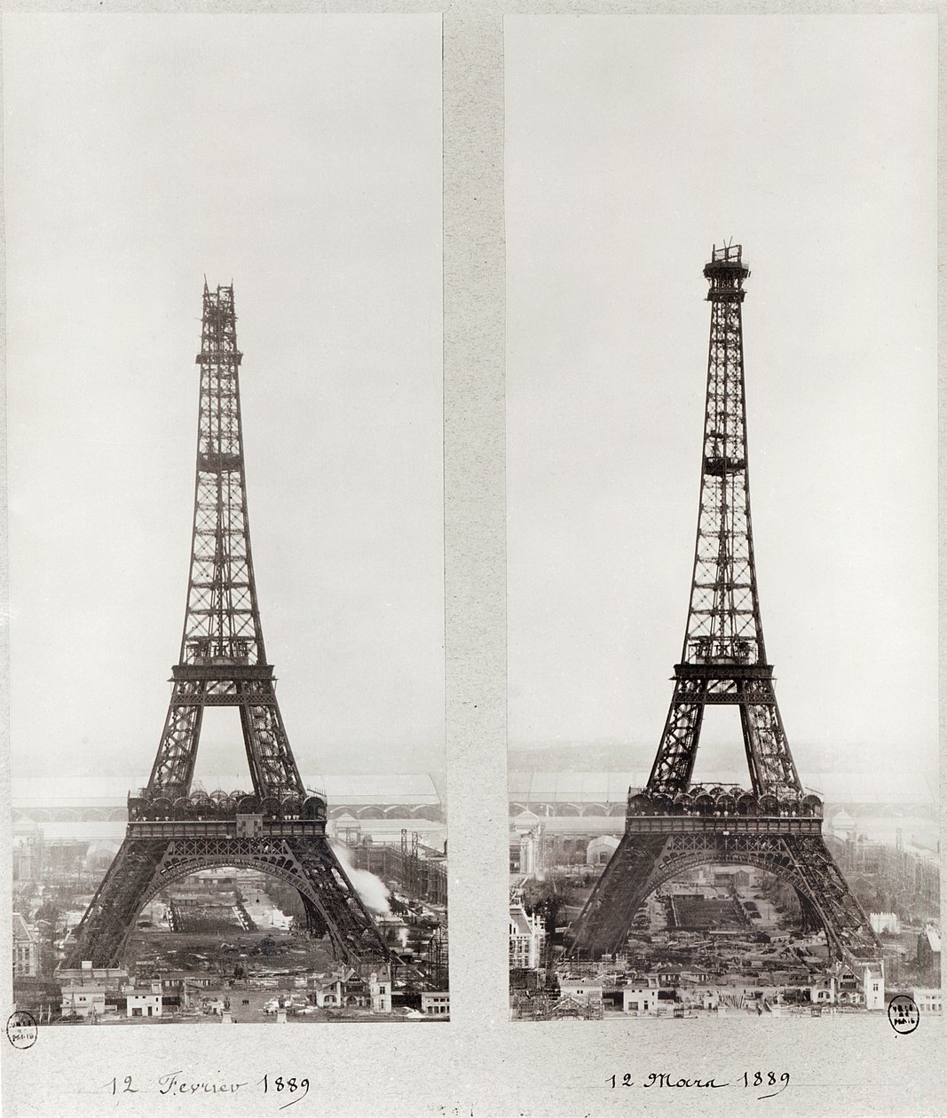 To visninger av byggingen av Eiffeltårnet, Paris, 12. februar og 12. mars 1889 av French Photographer