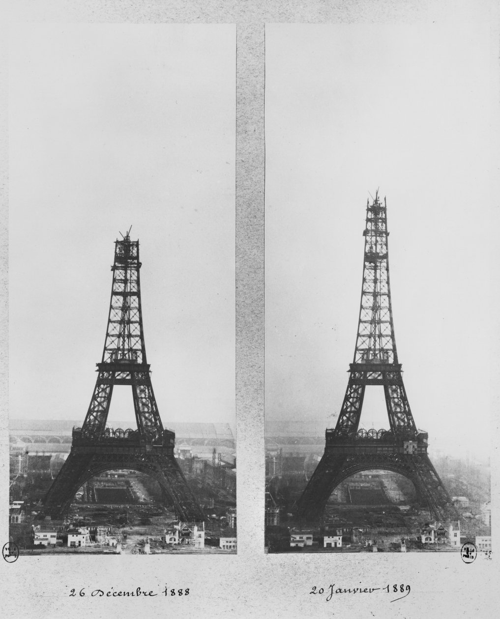 To visninger av byggingen av Eiffeltårnet, Paris, 26. desember 1888 og 20. januar 1889 av French Photographer