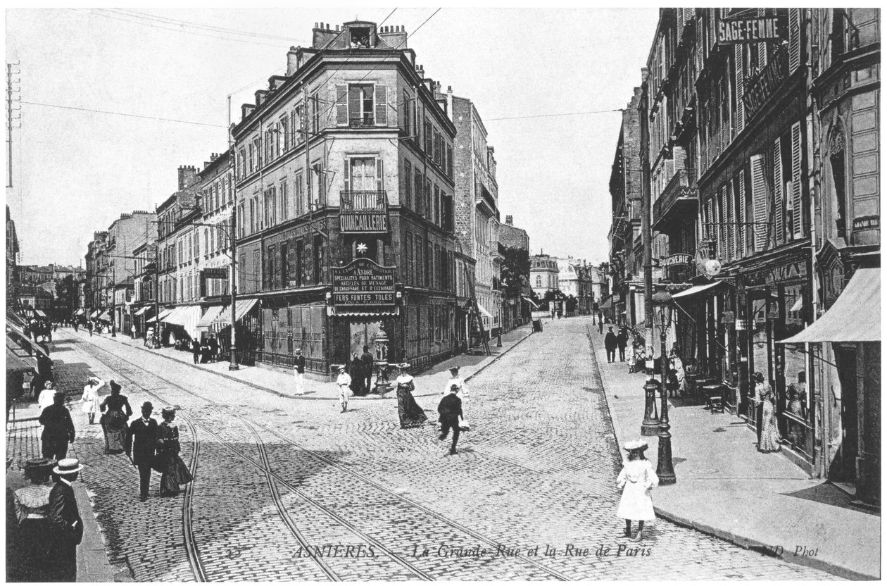 Utsikt over Asnieres, Grande Rue og Rue de Paris, ca. 1900 av French Photographer