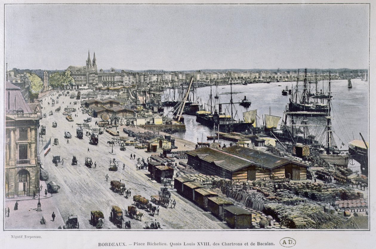 Utsikt over Bordeaux havn med Place Richelieu og Quais Louis XVIII, des Chartrons und de Bacalan, slutten av det nittende århundre (farget bilde) av French Photographer