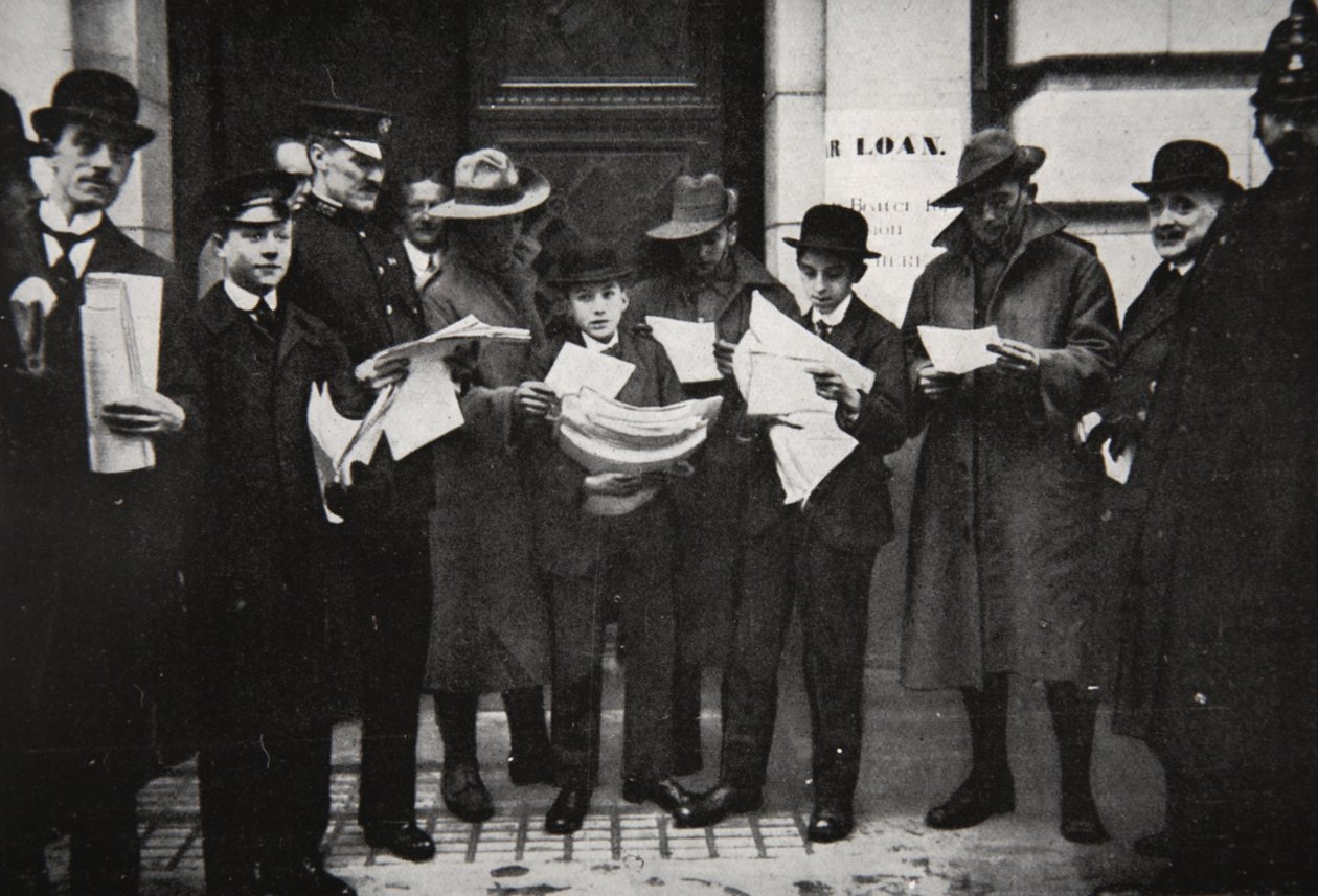 Krigslån: tidlige søkere med prospekter, illustrasjon fra The Illustrated War News, januar 1917 av French Photographer