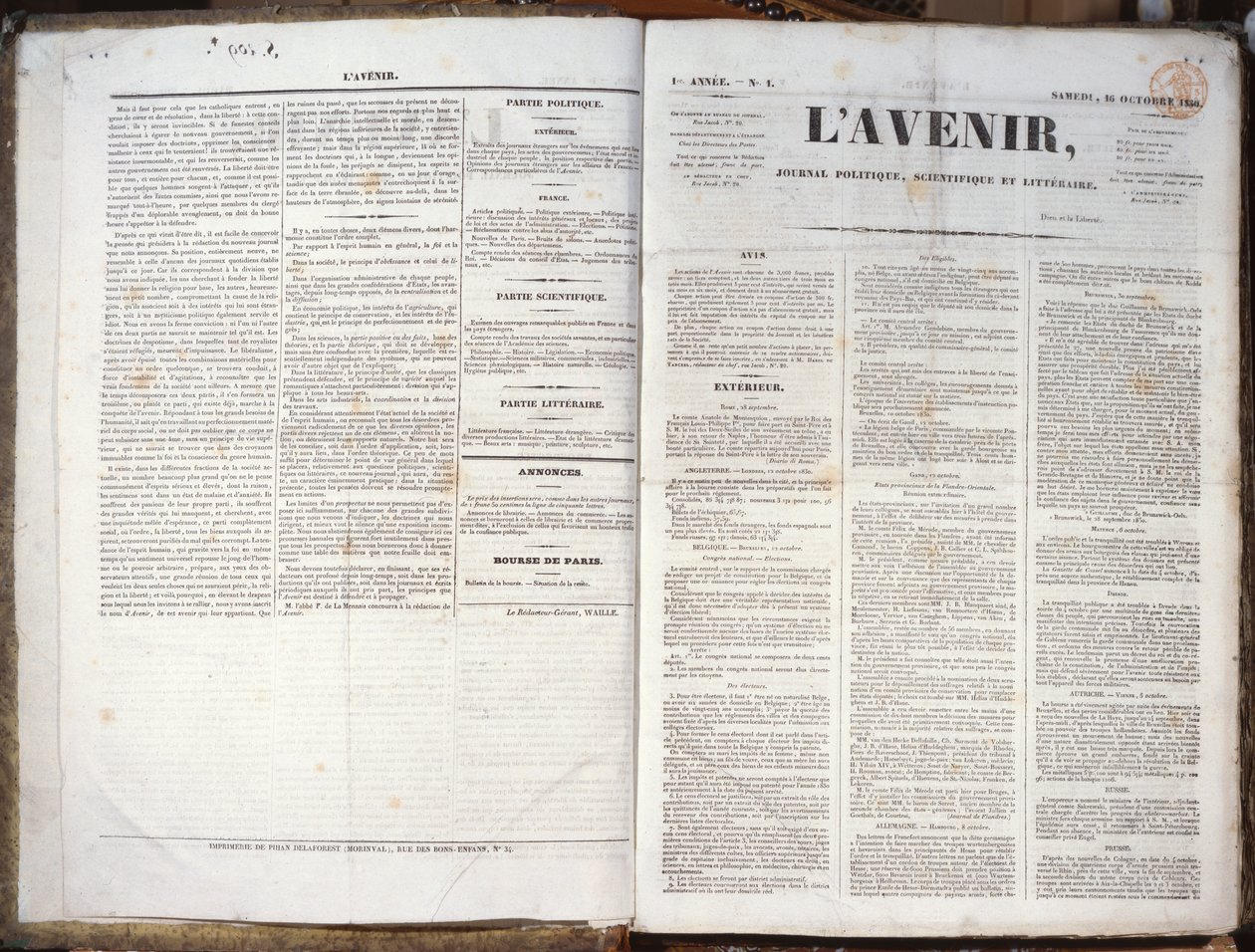 1. utgave av Journal LAvenir, 16. november 1830 (trykt papir) av French School