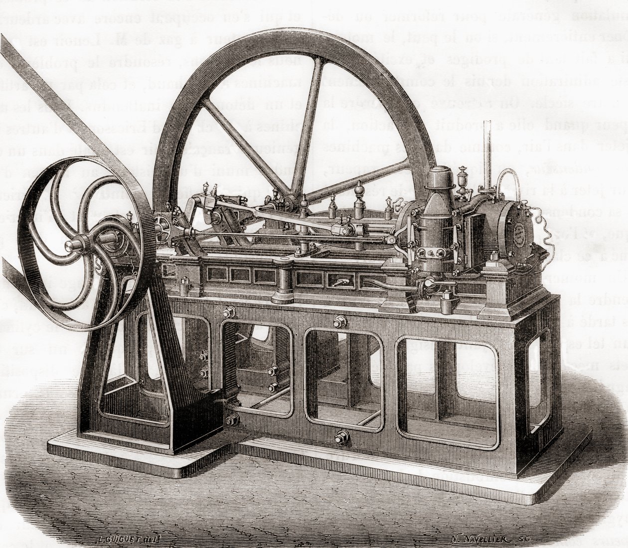 En gassdrevet motor fra 1800-tallet, fra Les Merveilles de la Science, publisert ca. 1870 av French School