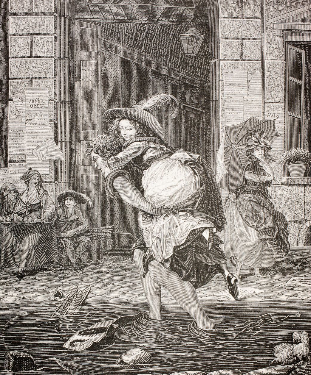 En transportør som ferger en kvinne over gaten på en regnværsdag i Paris på 1700-tallet, 1875 av French School