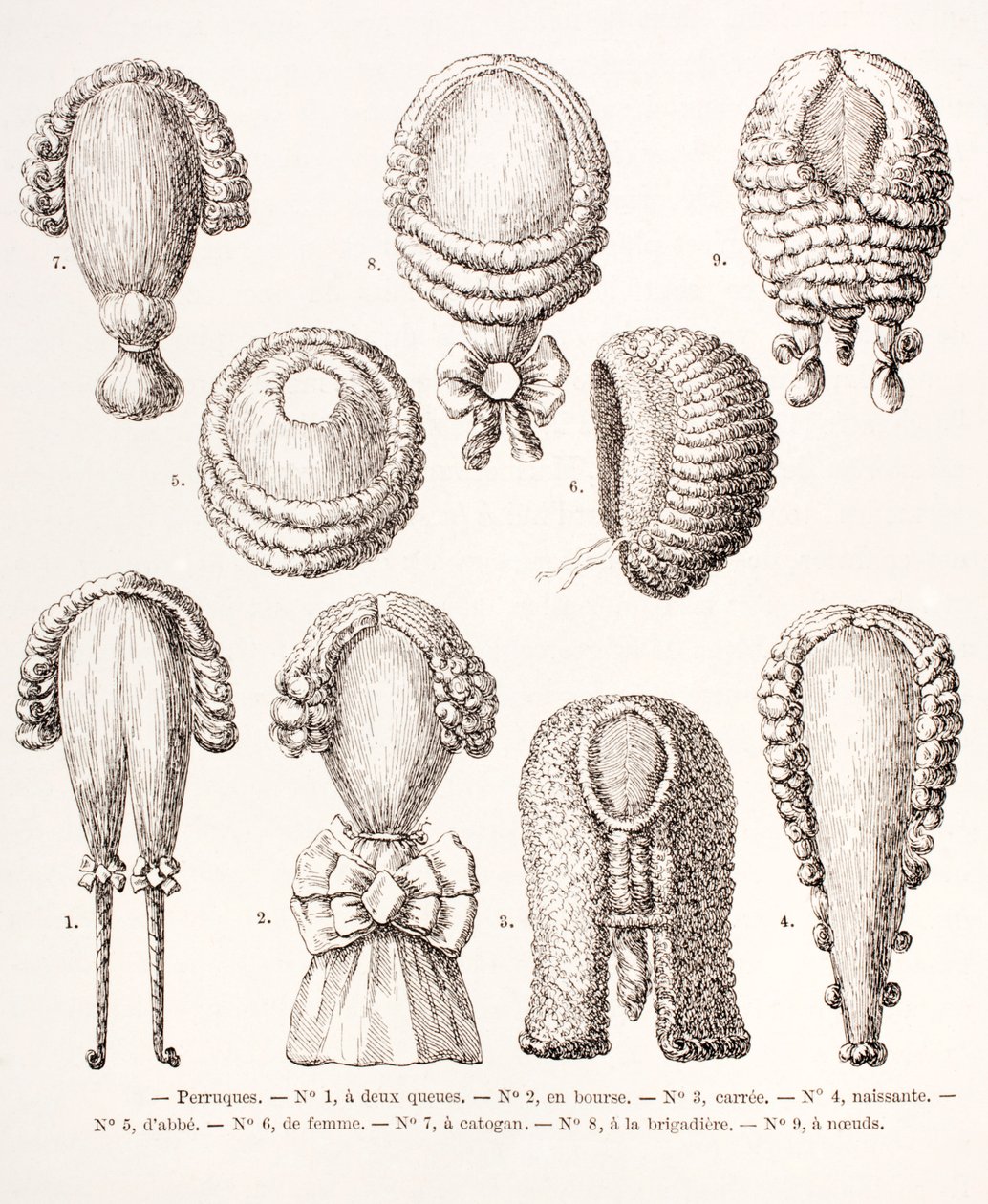 En samling av parykker fra 1700-tallet for menn og kvinner, 1875 av French School