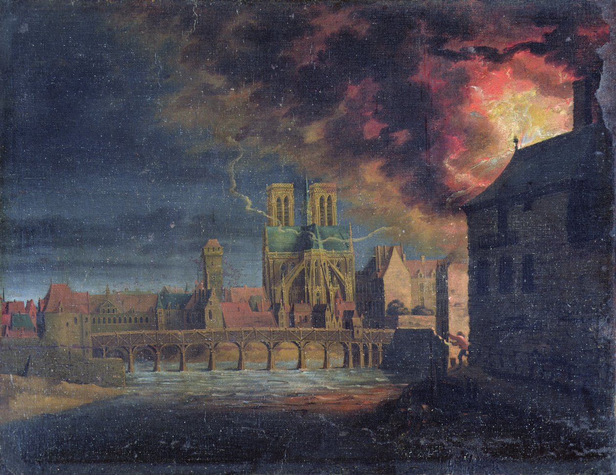 En brann på Ile Saint-Louis, ca. 1635 av French School