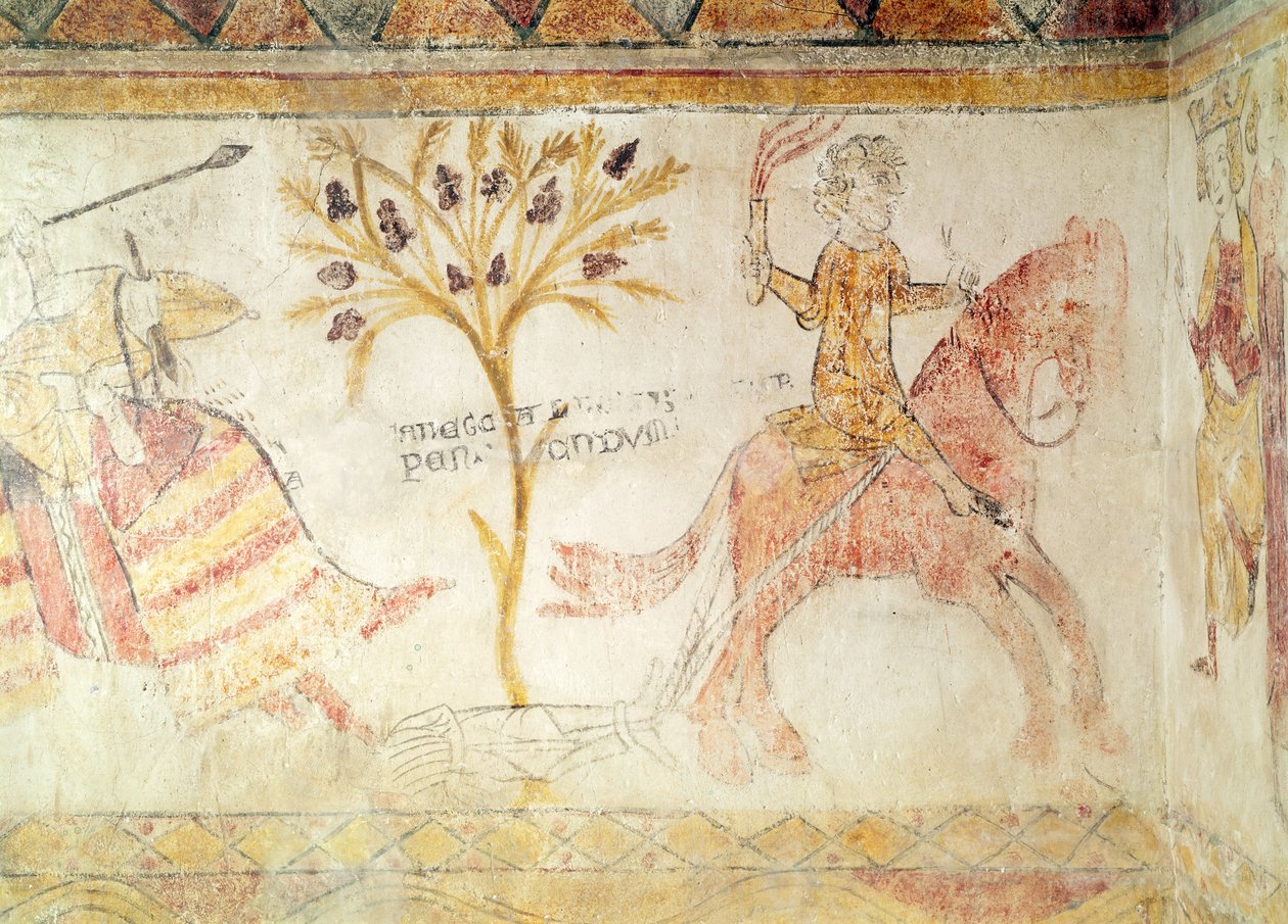 En ridder som bærer en brennende fakkel og drar liket av kong Manfred (ca. 1232-66) på Sicilia, 28. februar 1266 av French School