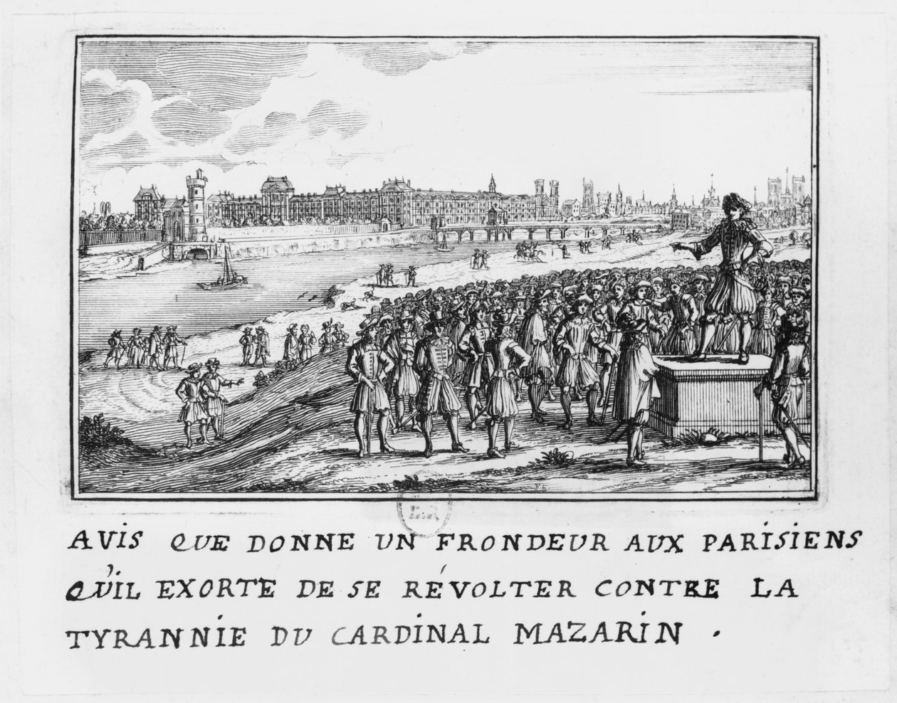 En mann fra Fronde som formaner pariserne til å reise seg mot kardinal Mazarins tyranni 6. januar 1649 av French School