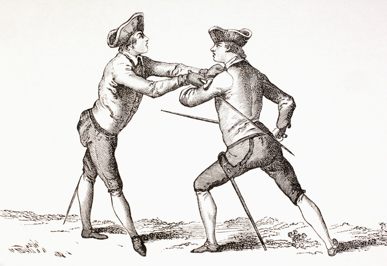 En sverdmann i ferd med å avvæpne motstanderen og i posisjon klar til å skyte, fra 'XVIII Siecle Institutions, Usages et Costumes', publisert 1875 av French School