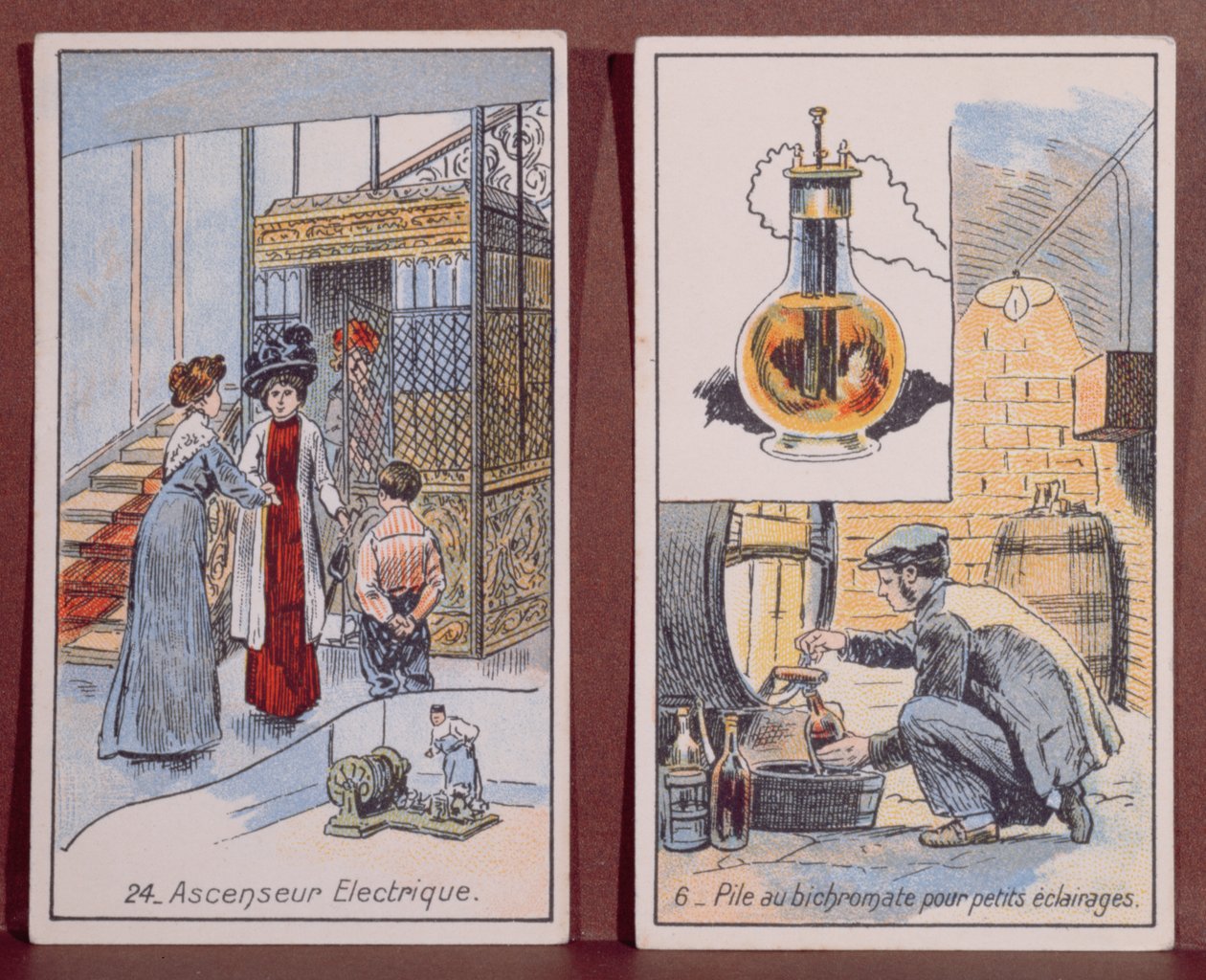 En elektrisk heis og elektrisk belysning, fra serien Les Merveilles de lElectricite, ca. 1910-14 av French School