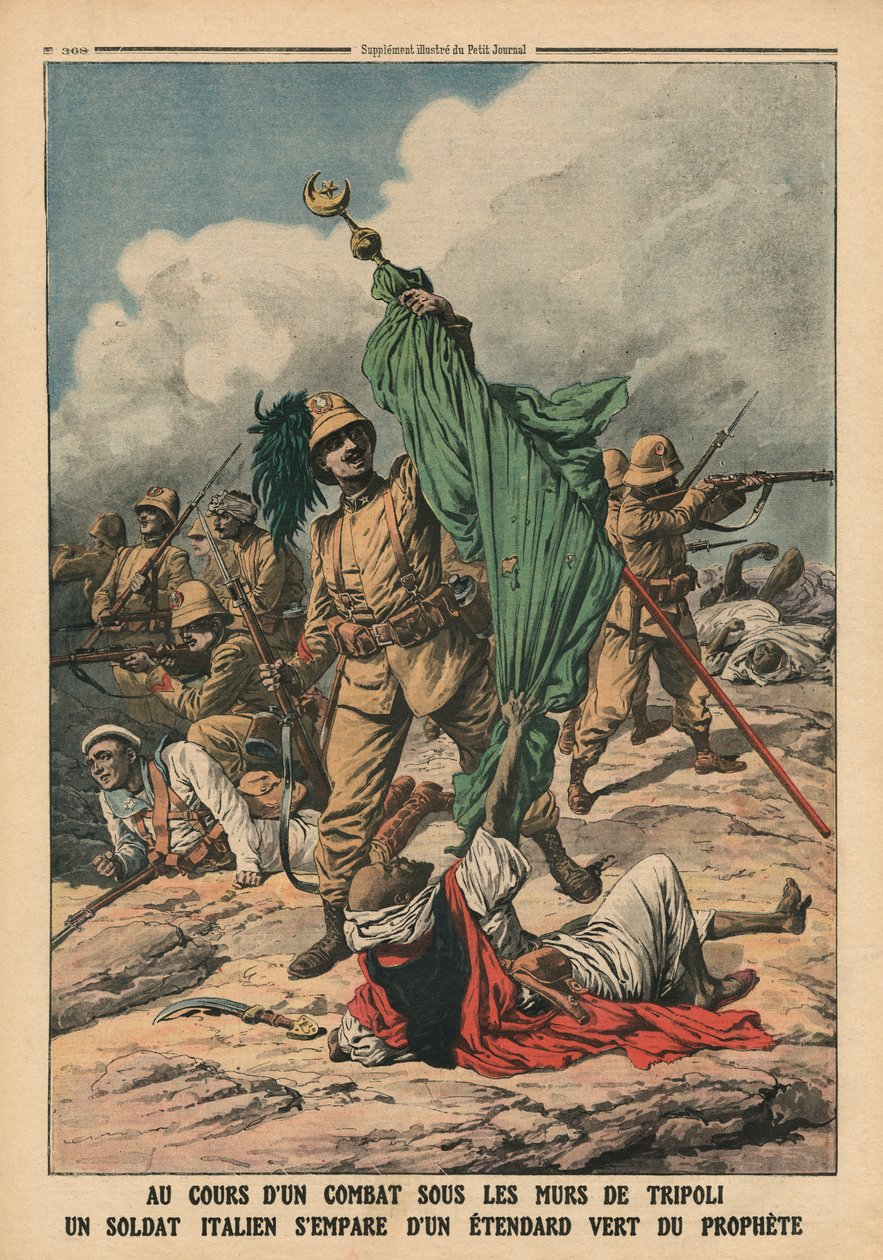 En italiensk soldat som griper den grønne standarden til profeten Muhammed, illustrasjon fra 