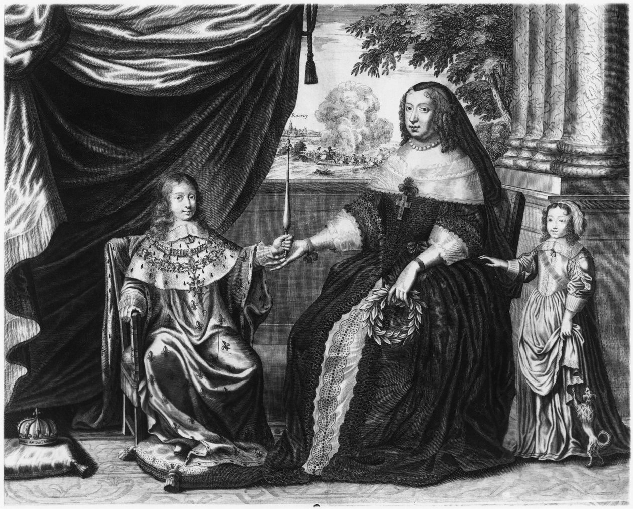 Anne av Østerrike, dronning av Frankrike og Navarre, og hennes sønner, Dauphin Louis av Frankrike, fremtidige Ludvig XIV, og Philippe I, hertug av Orleans, 1643 av French School