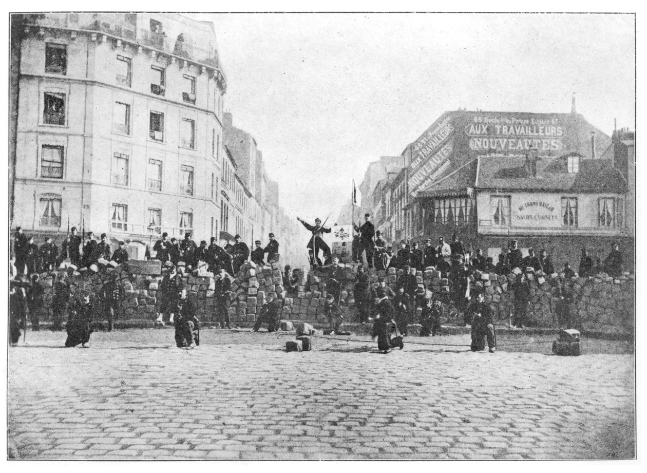 Barrikaden ved Faubourg Saint-Antoine under kommunen, 18. mars 1871 av French School