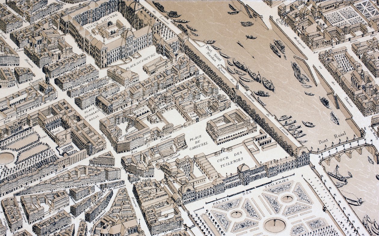 Fugleperspektiv av Paris i 1730, 1875 av French School