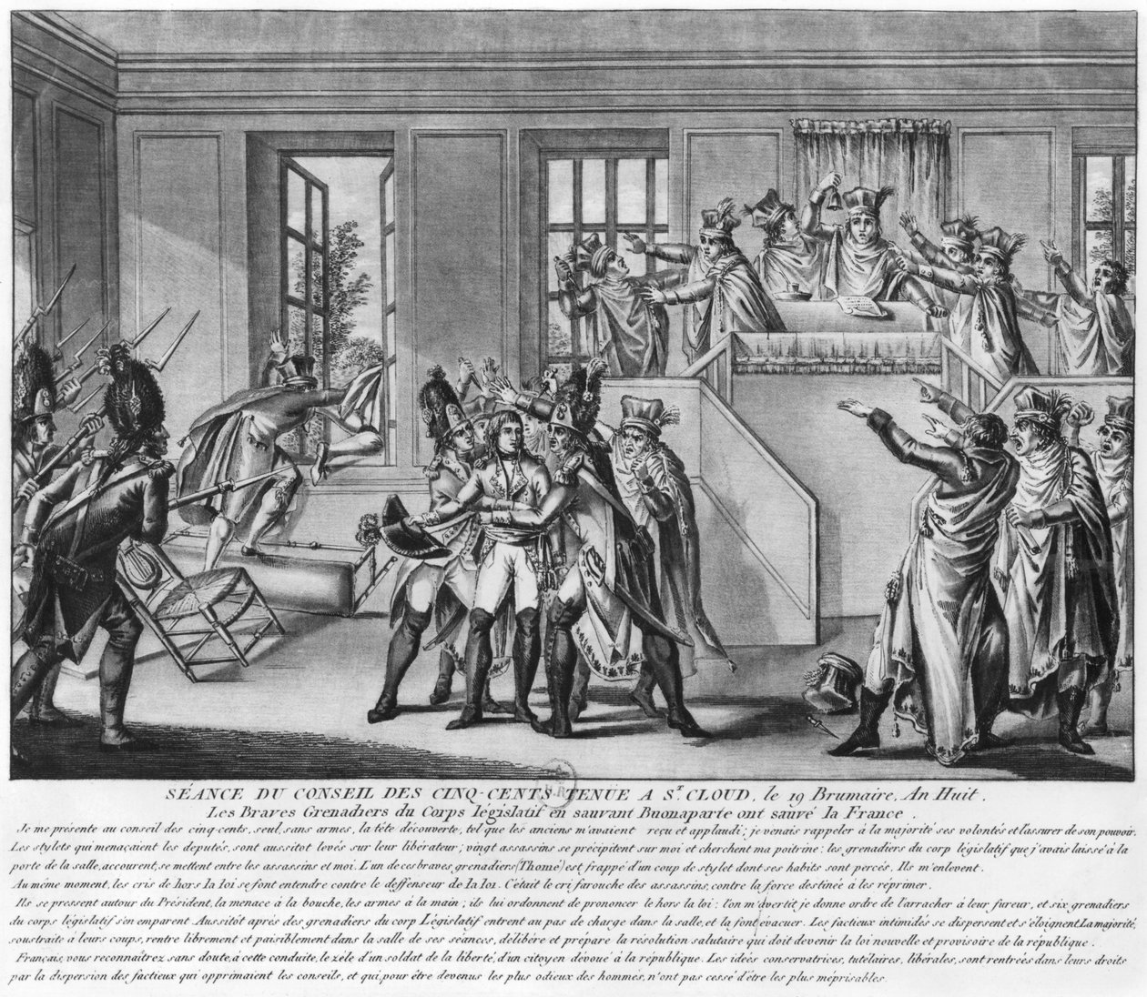 Bonaparte (1769-1821) beskyttet av to grenaderer under sesjonen i St.Cloud, 19 brumaire an 8 (10. november 1799), ca. 1800 av French School