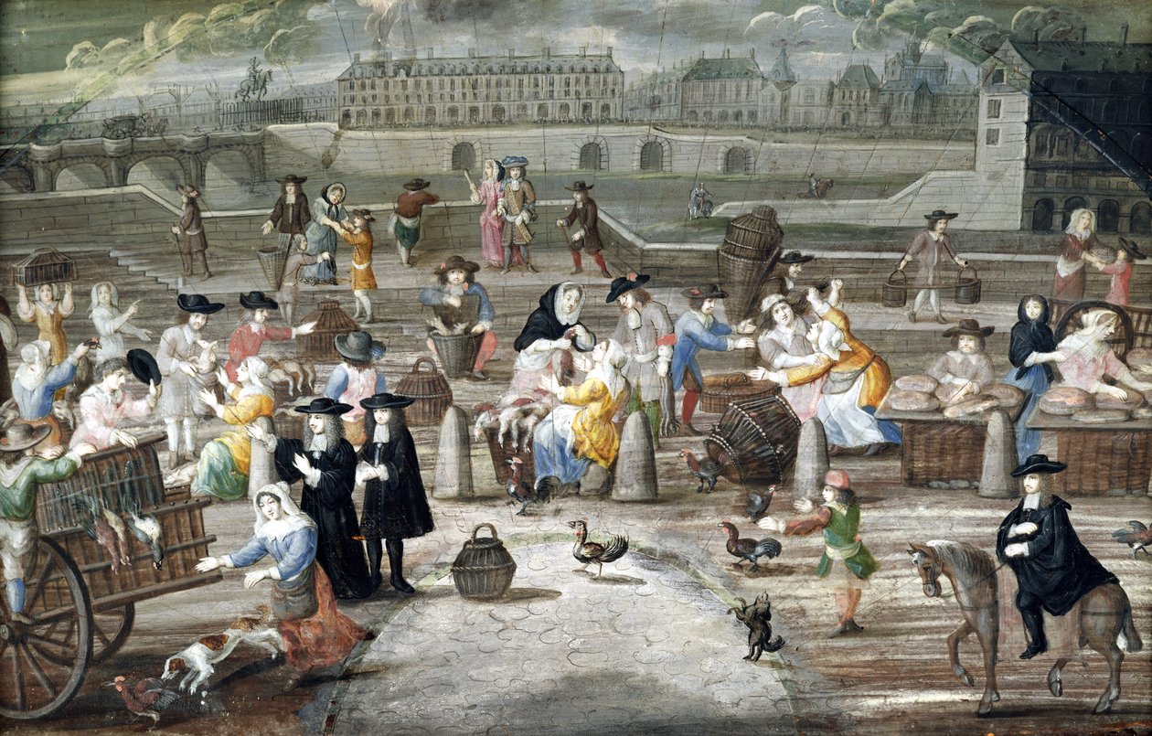 Brød- og fjærfemarked på Quai des Grands Augustins, malt for en vifte (penn og blekk og wc på papir) av French School