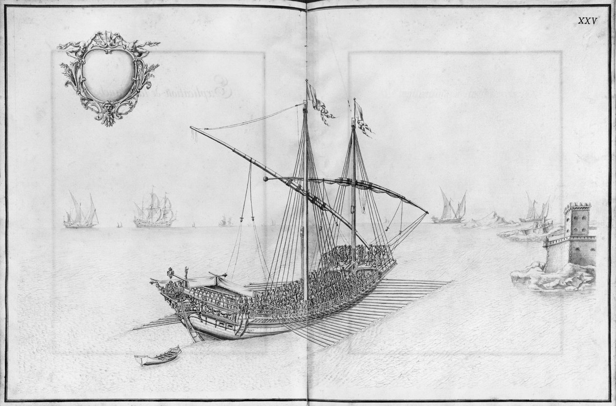 Bygging, utstyr og utsetting av bysse, plate XXV (blyant og wc på papir) av French School
