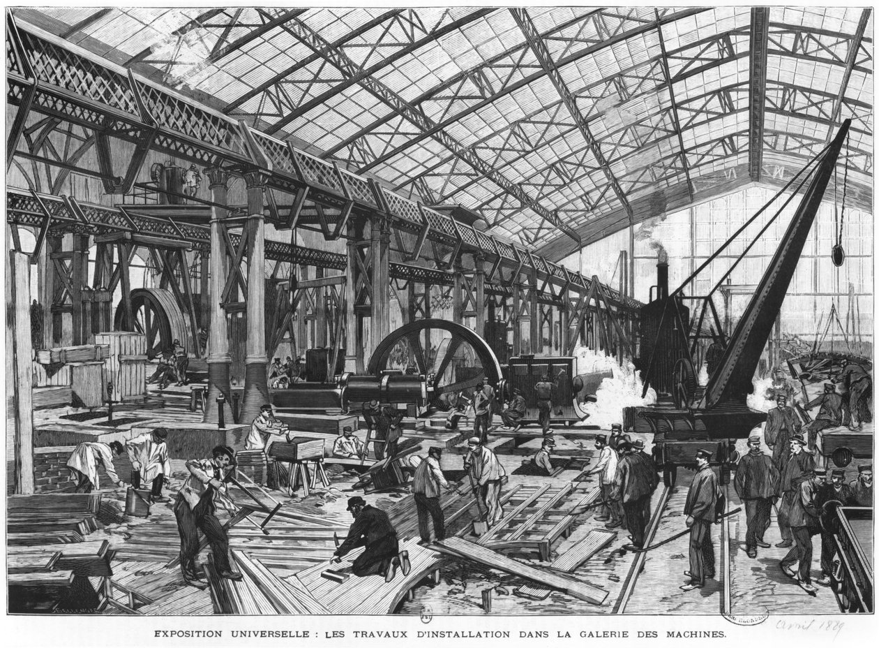 Byggeplassen til Galerie des Machines på verdensutstillingen i 1889, Paris, april 1889 av French School
