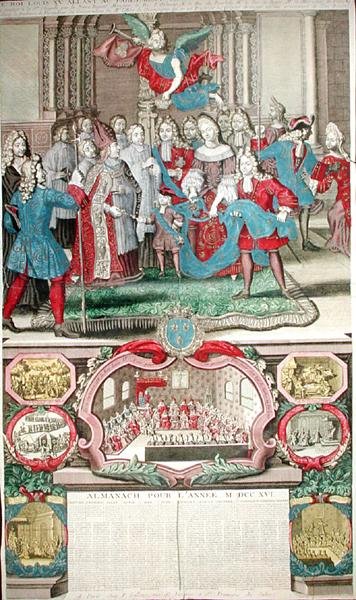 Kalender for 1716 som viser Ludvig XV (1710-74) med hans parlament, 12. september 1715, 1716 av French School