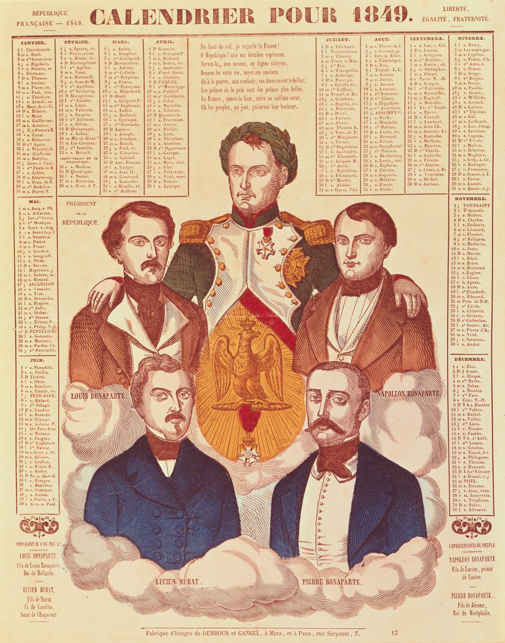 Kalender for 1849 som viser Bonaparte-familien, 1849 av French School