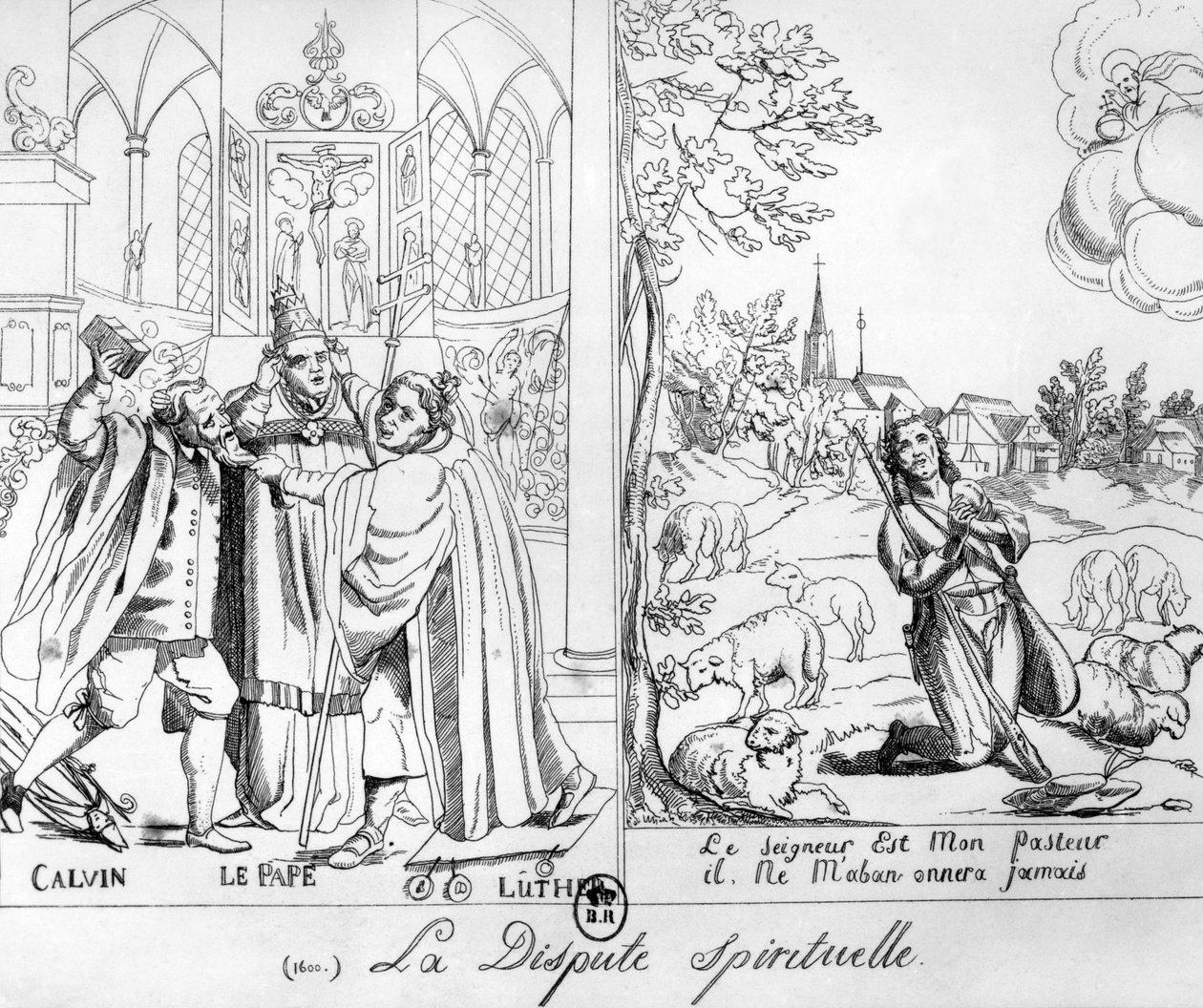 Karikatur som skildrer en åndelig strid mellom pave Leo X (1476-1521) Martin Luther (1483-1546) og Johannes Calvin (1509-64) 1838 av French School