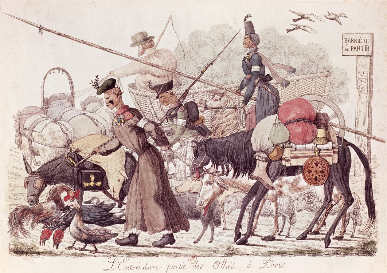 Karikatur som skildrer inntoget i Paris av en del av de allierte troppene, 1814 (farget etsning) av French School