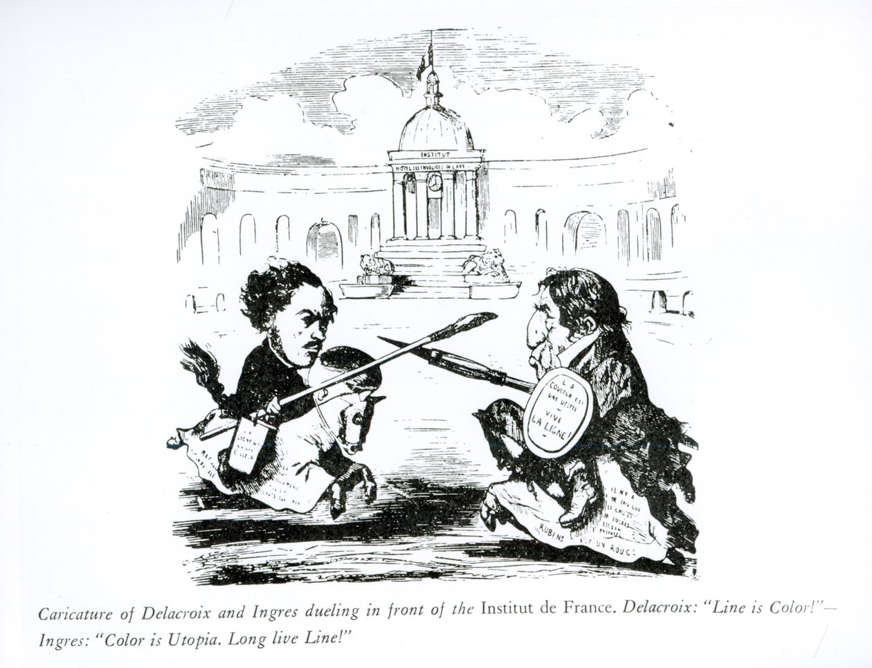 Karikatur av Delacroix og Ingres som duellerer foran Institut de France, ca. 1828 av French School