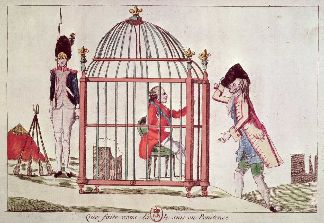 Karikatur av Louis XVI (1754-93) i et bur etter arrestasjonen hans i Varennes, 1791 av French School