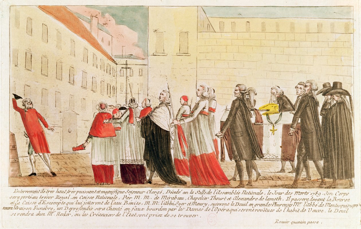 Karikatur av begravelsen av presteskapet etter nasjonaliseringen av kirkens eiendom, 1789 (penn og blekk og wc på papir) av French School